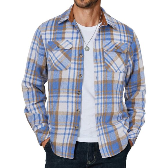 Coofandy Men Light Blue Flannel Plaid Button Down Jacket Shirt with Pockets - Picture 1 of 5